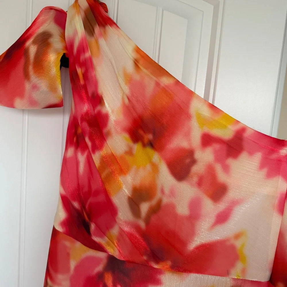 Alex Marie Floral One Shoulder Chiffon Gown - Coral/White - Size 14 - Picture 1 of 4